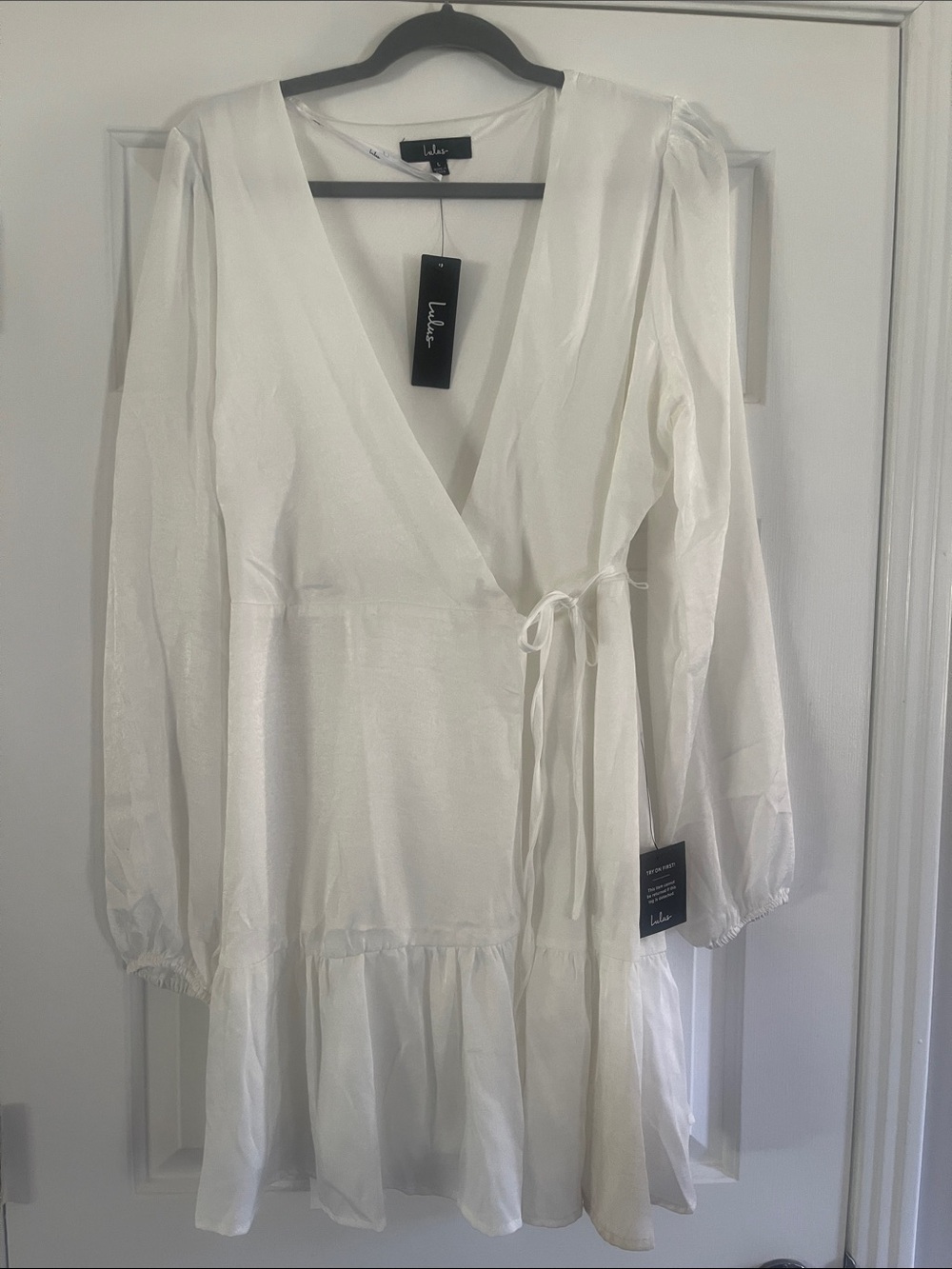 Lulu's Ivory Wrap Tie Long-Sleeve Mini Dress